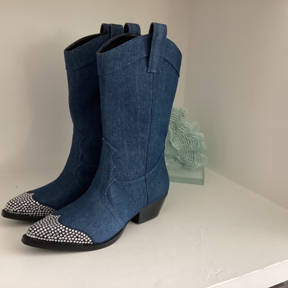 Karl Lagerfeld Cowboy very Taylor Swift Denim Boots Crystal Embellishment - Picture 2 of 9